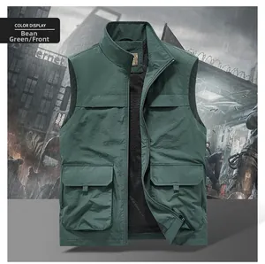 Detail of bean green outdoor utility vest with four large flap pockets and stand collar