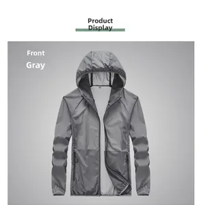 Front view of thin gray hooded sun protection jacket with zip pockets and elastic cuffs