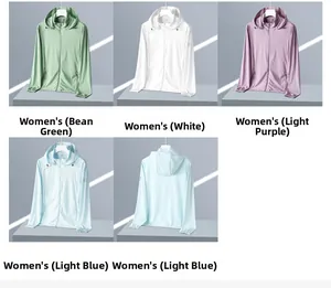 Detailed grid of lightweight hooded sun protection shirts in four pastel summer colors