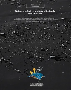 Detail showing waterproof lotus effect on black technical fabric with clear water droplets