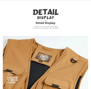 Detail of khaki functional vest showing V-neck design, multi-pockets, and breathable mesh