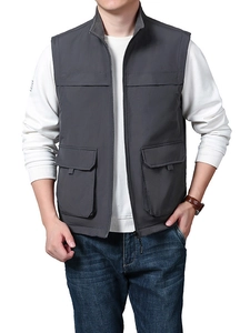 Men's Outdoor Multi-Pocket Workwear Vest Stand Collar Fleece Lined Warm Fishing Photography Casual Sleeveless Jacket