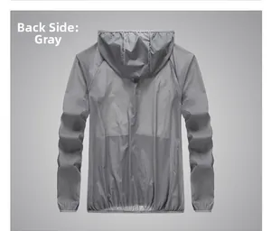 Rear view of grey hooded sun protection jacket with elastic cuffs and hem detail