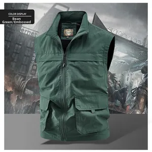 Detail of outdoor utility vest in bean green with multi-pockets and stand collar