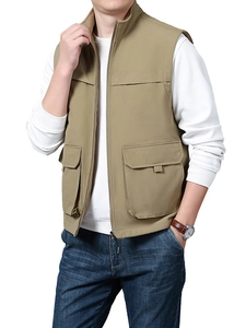 Men's khaki multi-pocket outdoor vest with stand collar and durable utility design