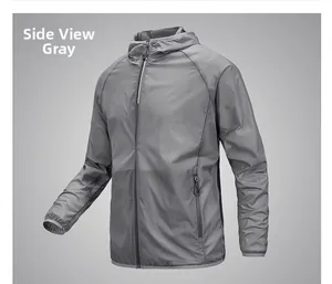 Side view detail of men's gray ice silk sun protection jacket with zip pockets