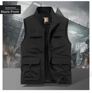Detail view of multi-pocket outdoor vest in black with stand collar and zipper