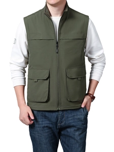 Men's outdoor army green utility vest with multi-pockets and a casual stand collar