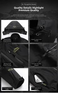 Detail view of black outdoor windbreaker with waterproof zipper and removable hood