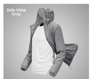 Side view of gray hooded sun protection jacket with elastic cuffs and high-density fabric