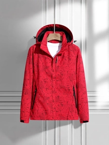 Men's red windproof hooded jacket with tropical leaf pattern for outdoor hiking and sports