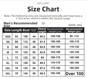 Detailed men's outdoor waterproof jacket size chart with measurements from XXS to 3XL