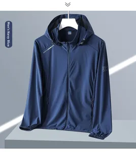 Detail view of Navy Blue Men's UPF 50+ sun protection jacket with hood and elastic cuffs