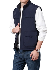 Men's navy casual outdoor fishing vest with multiple pockets and stand collar