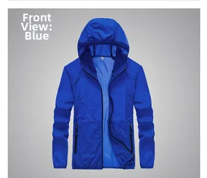 Front view of men's blue sun protection jacket with full zip hood and pockets