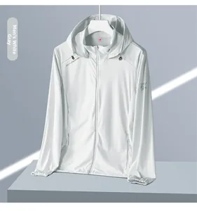 Detail view of breathable mesh underarm and UPF 50+ logo on gray sun protection jacket