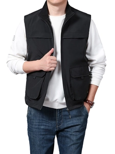 Men's casual black utility vest with multi-pockets and stand collar for outdoor wear