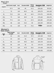 Detailed size chart for men and women outdoor jackets with measurements in CM and weight