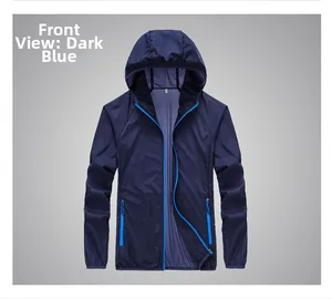 Detail view of M-sized dark blue sun protection jacket with bright blue contrast zippers