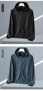 Detail view of men's UPF 50+ sun protection jackets in black and dark green shades