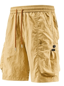 Men's khaki cargo shorts with elastic drawstring waist and large side pockets for outdoor wear