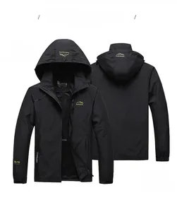 Detail view of black outdoor sport jacket with adjustable hood and embroidery logos