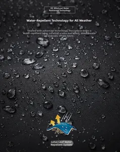 Macro shot of waterproof fabric showing water droplets on black hiking jacket surface