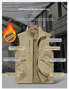 Detail of outdoor reversible vest with seven zipper pockets and warm fleece lining