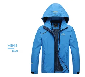 Detail of blue waterproof hooded jacket with full zipper and outdoor hiking fabric