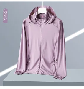 Detail of light purple sun protection jacket with UPF 50+ sleeve print and breathable vents