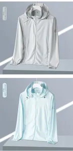 Detail of lightweight UPF 50+ sun protection hoodies in light grey and light blue colors