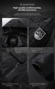 Detail of waterproof jacket with detachable hood, zippered chest pocket and adjustable cuffs