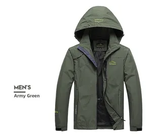 Detail of army green outdoor jacket featuring breathable mesh lining and hood logo