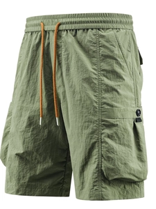 Men's loose cargo shorts in army green with elastic waist and orange drawstrings