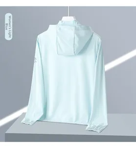 Detail of light blue women's UPF 50+ sun protection jacket with hood and elastic cuffs