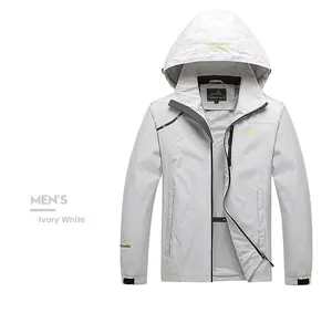 Detail of men's ivory outdoor windbreaker with full zipper and windproof hood design