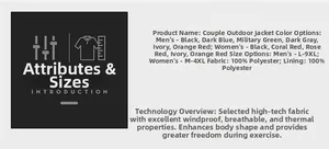 Detailed size chart and material specs for windproof outdoor jacket for men and women