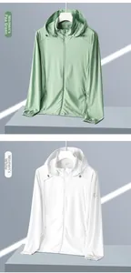 Detail view of women's UV protection jackets in mint green and white UPF 50 colors