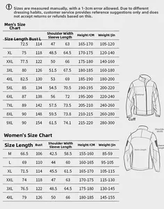 Size guide for men and women outdoor jackets showing chest and length measurements