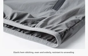 Detailed macro view of high-quality reinforced stitching on elastic sun jacket hemline