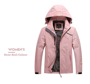 Detail view of rose red outdoor jacket featuring a mesh lining and adjustable hood