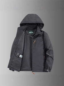 Men's dark grey hooded outdoor jacket with windproof fabric and mesh lining details