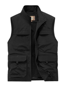 Men Outdoor Multi-pocket Work Vest Nylon Windproof Fishing Vest Stand Collar Casual Sleeveless Jacket For Photography Travel