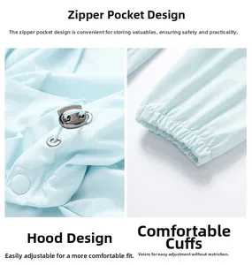Detail view of the zipper pocket, adjustable hood, and velcro cuffs on light blue sun jacket