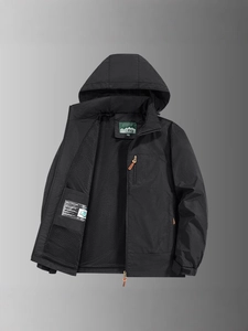 Men's black windproof outdoor hooded jacket with breathable mesh lining and pockets