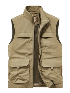 Men's khaki multi-pocket outdoor vest with a stand collar and breathable mesh lining
