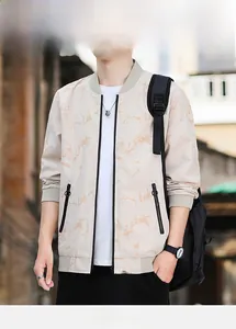 Detail of men's casual camo jacket featuring marble print and black contrast zippers