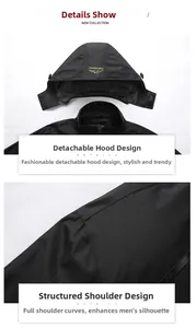 Detail of black outdoor jacket featuring a detachable hood and structured shoulder design