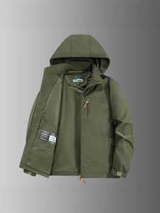 Men's outdoor windbreaker jacket in olive green featuring hooded design and mesh lining