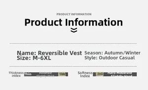 Detailed size chart and material specs for men's reversible outdoor fleece vest jacket